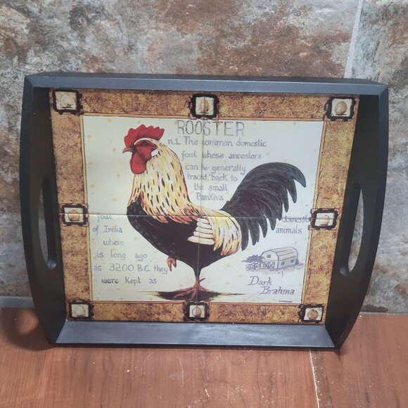 Ceramic Trivet Tile Chicken Rooster Serving Tray Cut Out Handles Wood Base Farmh - Picture 5 of 12